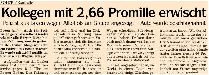 Meldung der Dolomiten &uuml;ber den betrunkenen Polizisten (2,66 Promille) in Bozen