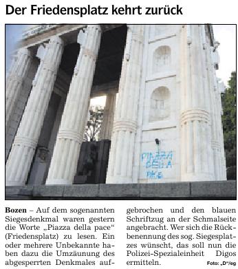 Dolomitenartikel &uuml;ber Beschmierung des Siegerdenkmals mit Friedensplatz