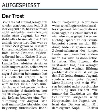 Kommentar der Dolomiten zum Thema Studentenproteste